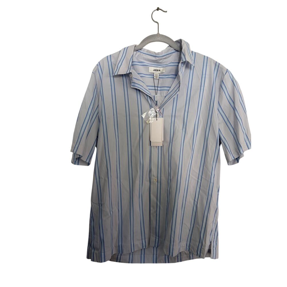 NWT Jason Wu Button Down Shirt Striped Print Short Sleeves Gray Blue Size Medium